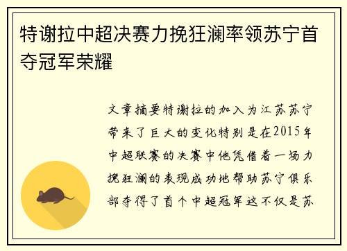 特谢拉中超决赛力挽狂澜率领苏宁首夺冠军荣耀 特谢拉中超决赛力挽狂澜率领苏宁首夺冠军荣耀